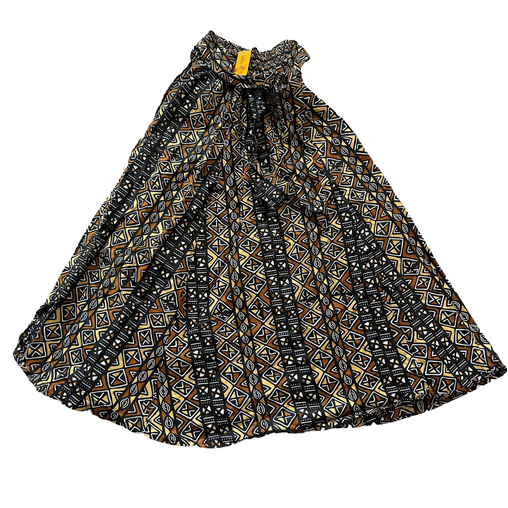 Ankara Long Maxi Skirt with Pockets Brown Yellow African Print One Size